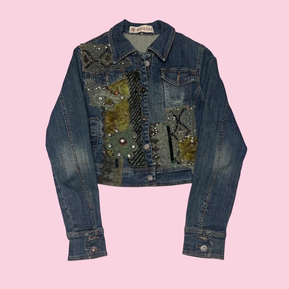 Rosa & Rose Womens Patchwork Denim Jacket Blue Faux Fur Sequin Embellished